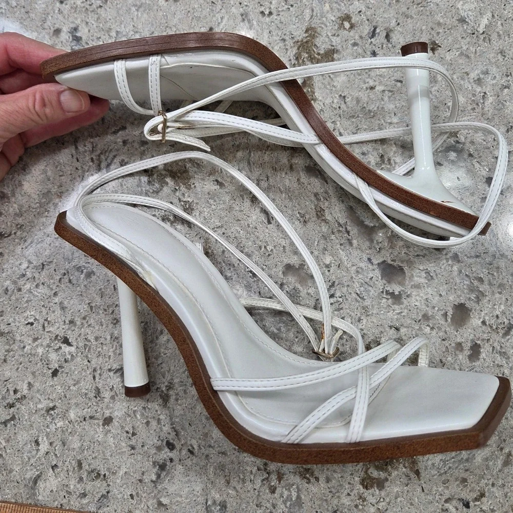 Zara‎ White Heeled Sandals Square Toe Ankle Strap Minimalist Size 39 - Picture 6 of 12